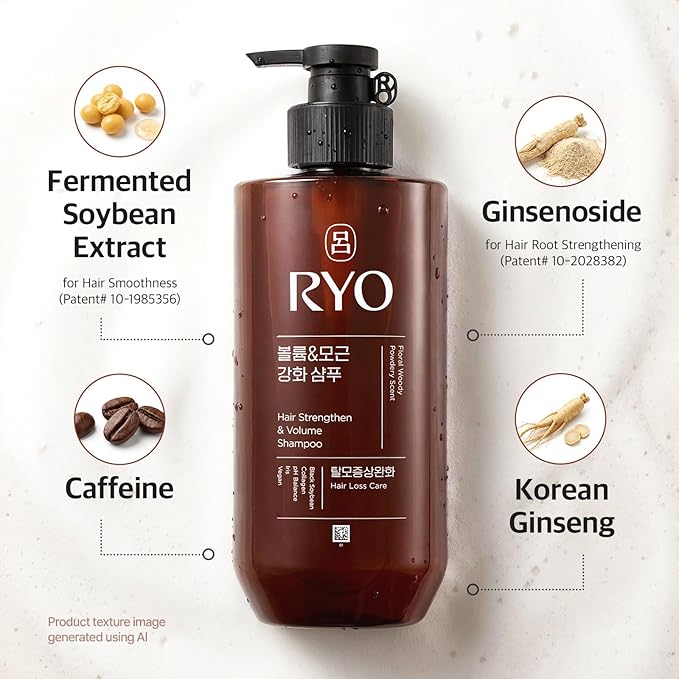 RYO Strengthen & Volume Shampoo with Korean Ginseng & Caffeine - Volumizing and Revitalizing for Fine Hair, Anti Loss Care, Strengthening hair roots, 16 Fl Oz.
