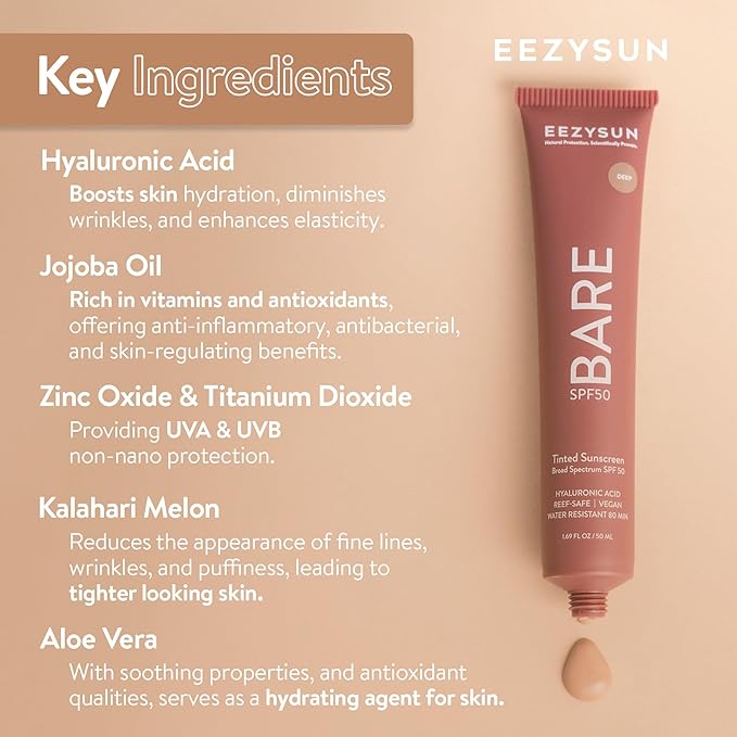 BARE Tinted Sunscreen for Face SPF 50 - Non-Greasy, Weightless, Water-Resistant, Vegan & Reef-Safe Tinted Moisturizer with SPF, Hyaluronic Acid, Jojoba Oil - All Skin Types, 1.69 fl oz - Deep