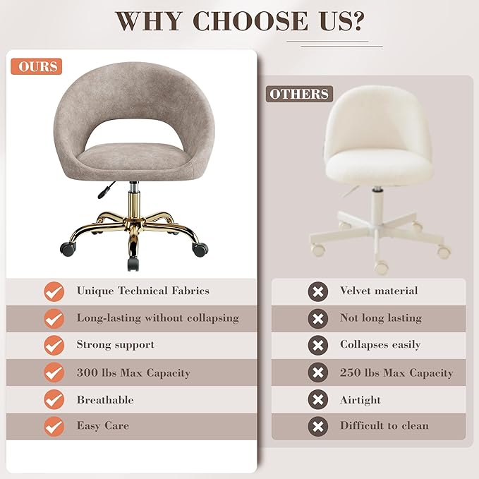 Vanity Chair with Wheels, Waterproof Modern Makeup Vanity Chairs with Back Adjustable Height, Comfy Cute Home Office Desk Chairs for Bedroom, Living Room (Khaki)