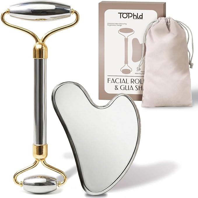Stainless Steel Face Roller & Gua Sha Facial Tools, Face Massager for Self Care, Roller for face, Jawline Sculpting and Puffiness Reducing