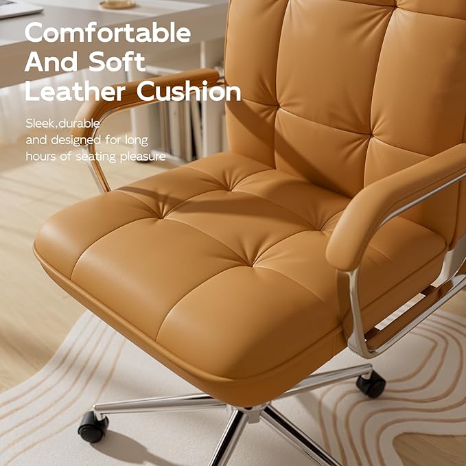 Brown Leather Office Desk Chair, Swivel Computer Home Office Desk Chair with Wheels and Padded Arms, Adjustable Height and Tilt