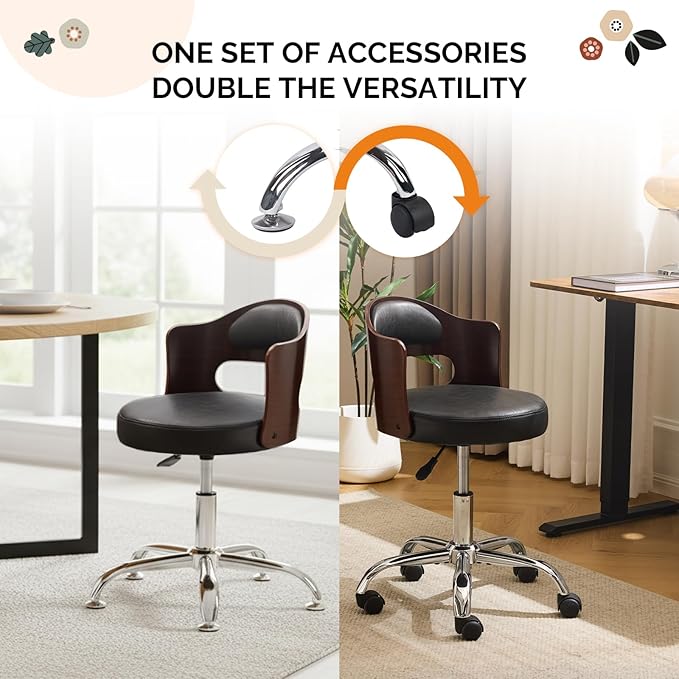 VINGLI Armless Home Office Desk Chair, Adjustable Swivel Chair,Dual-Use with/no Wheels,Small Retro Designed Walnut Curved Task Chair,Cushioned Nail Tech Chair for Study Area,Workspace,PU,Black