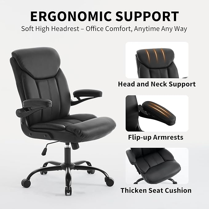 Home Office Ergonomic Desk Chair - Comfy Leather Executive Chair with Flip-Up Armrests, Lumbar Support, 360° Swivel & Rocking(Black)