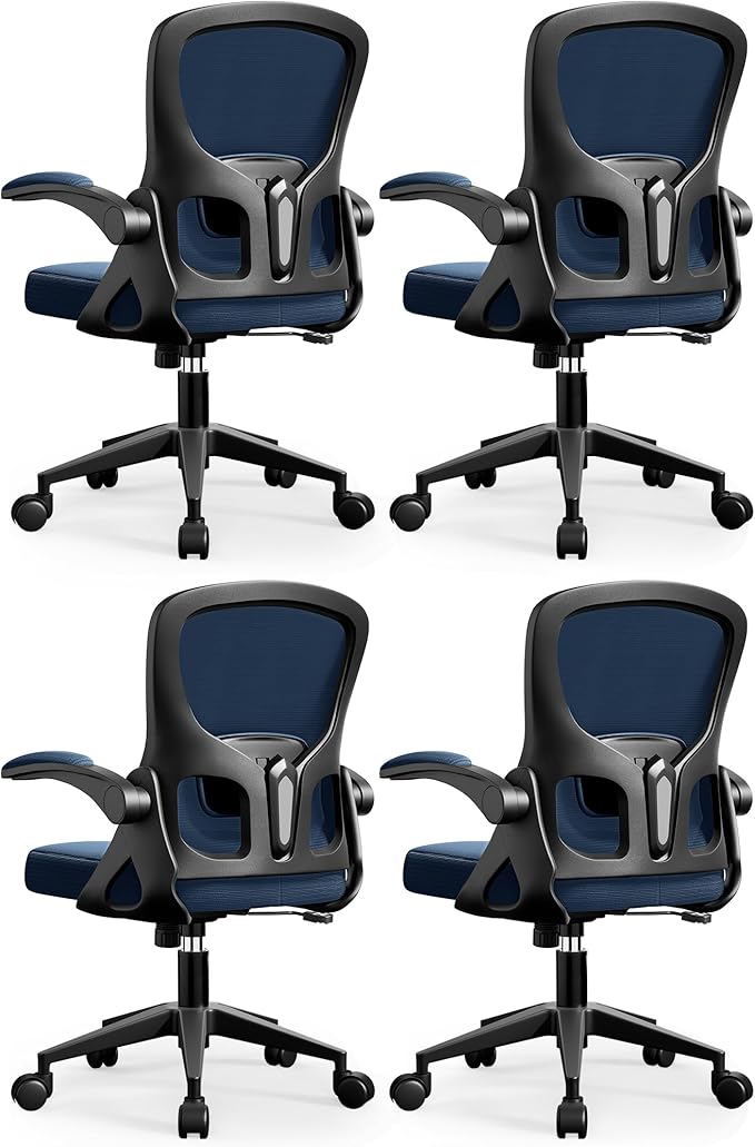 Office Chair Ergonomic Desk Chair, Adjustable Lumbar Support Rolling Swivel Comfy Chair with Space-Saving Flip Up Armrests, Mesh Gaming Chair for Business Work Office & Home,Blue 4pcs