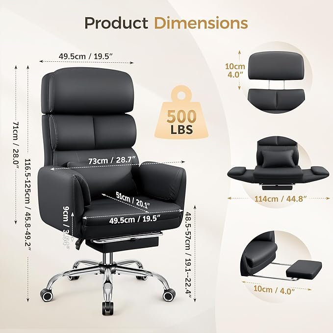 Big and Tall Office Chair 500LBS, Ergonomic High Back Leather Executive Chair, Reclining Swivel with Adjustable Armrests Lumbar Support Footrest, Cross Legged, Black