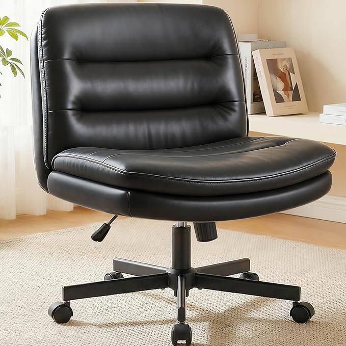 COMHOMA Cross Legged Office Chair with Wheels Armless Office Desk Chair, Modern Vanity Computer Task Chairs for Home Bedroom, Comfortable Wide Seat for Lower Back Pain Relief, PU Leahter, Black