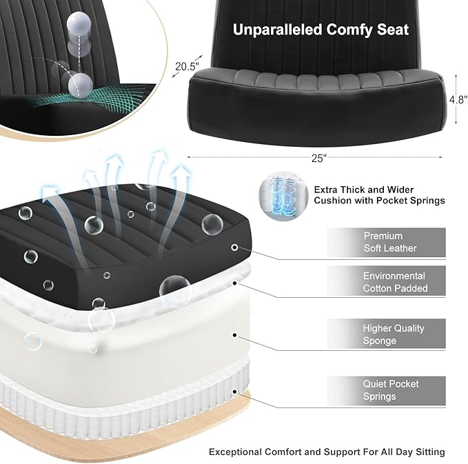 Criss Cross Chair with Wheels,Thick Padded Leather Cross Legged Office Desk Chair with Pocket Spring Cushion,Dual-Purpose Base,Wide Adjustable Computer Home Office Vanity Chair,Black
