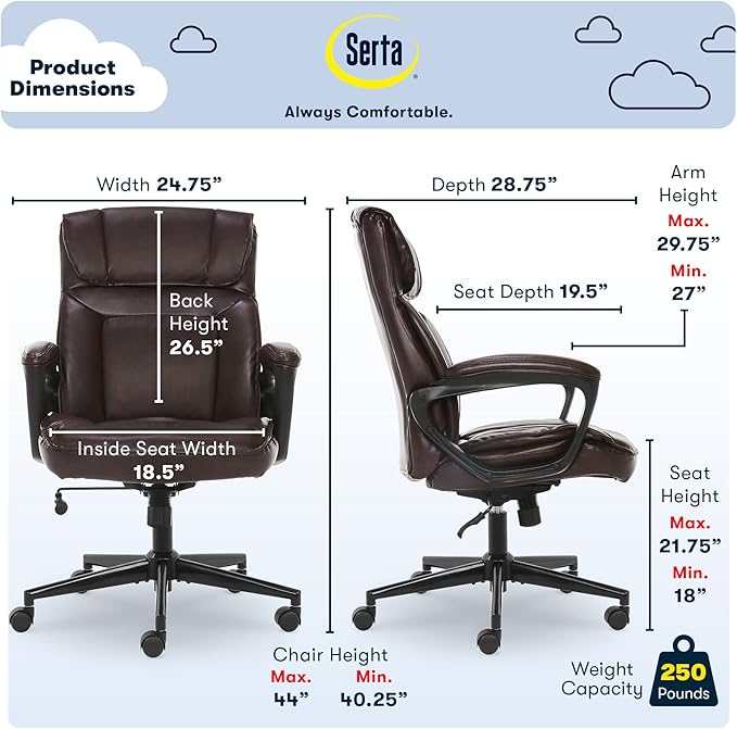 Serta® Hannah Executive Home Office Desk Chair, Ergonomic Mid-Back with Lumbar Support, Firm Seat Cushion, Layered Body Pillows, Padded Armrests, Swivel Base, Easy Assembly, Bonded Leather, Brown