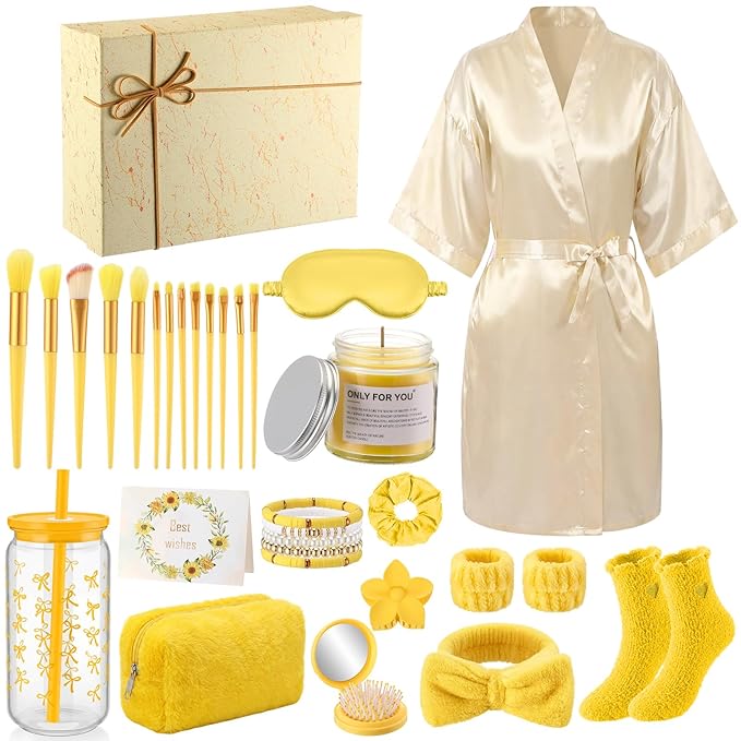 15 Pcs Birthday Gifts for Women Robe Sets for Women Spa Basket Set Graduation Gifts Bath Robe Make up Brushes Scented Candle Fluffy Socks Coffee Cup for Mom Nurse Girlfriend Wife(Yellow)