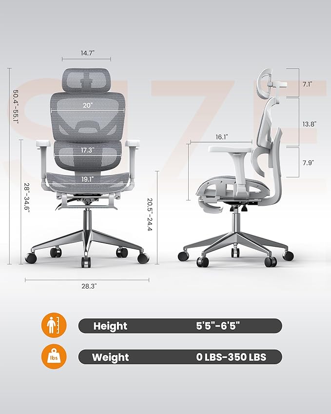 naspaluro Ergonomic Office Chair, High Back Mesh Desk Chair, 350lbs Capacity, Lumbar Support, 3D Armrest Headrest, Footrest, PU Wheels, Swivel Computer Chair for Home Office, Work & Gaming
