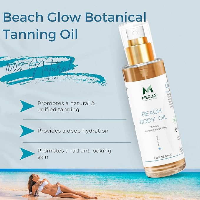 Merja Herbs Beach Body Tan Oil - For Uniform Tanning & Hydration - Hydrates & Nourishes Skin - Cold Pressed Oil - 100% Natural & Premium Quality 100ml 3.38Oz
