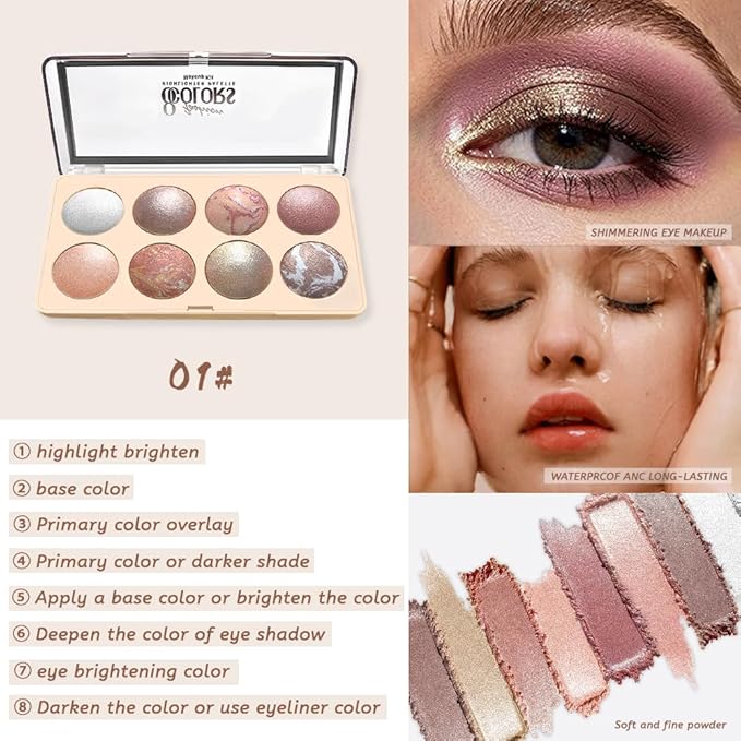 Baked Shimmer Makeup Palette, 8-Color Neutral Champagne Rose Gold Eyeshadow & Highlight Palette – High Pigment Soft Glow, No Fallout, Long-Lasting Eye Makeup for Everyday & Glam Looks 1#