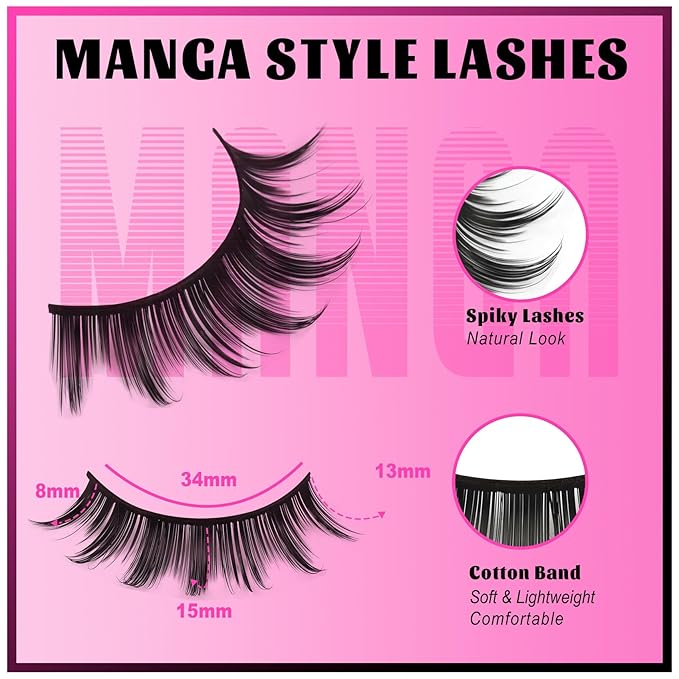 Veleasha Lashes Kit Doll Spiky Manga Eyelashes Natural False Eyelashes Cospaly Strip Lashes 8D Effect Korean Japanese Asian Fake Eyelash with Glue & Tweezres with Cotton Band 8 Pairs Pack (Bushy Kit)