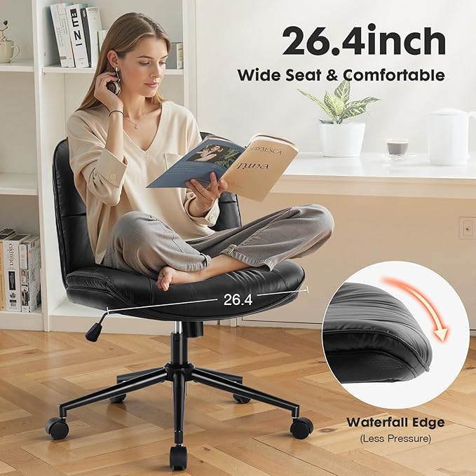 Sweetcrispy Criss Cross Chair with Wheels, Wide Seat PU Leather Armless Office Desk Vanity Chair, Comfortable Adjustable Swivel Computer Task Chairs for Bedroom, Small Space Make Up, Black