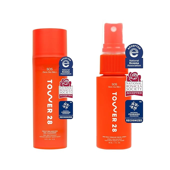 Tower 28 SOS Skin Care Set - Facial Spray (1 Oz) + Balancing Gel Cleanser (150 ML) - Hypochlorous Acid Spray to Calm Irritation + Redness + Soothing Face Wash for Sensitive Skin (2 Count)