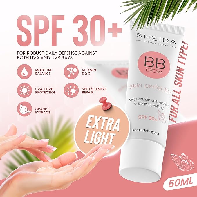 Sheida BB Cream with SPF 30+, Hydrating Daily Tinted Day Cream, Natural Finish, Buildable Light Coverage, 24h Moisture, Vitamin C & E for Even Skin Tone and Radiant Look – 50 ml (Extra Light)