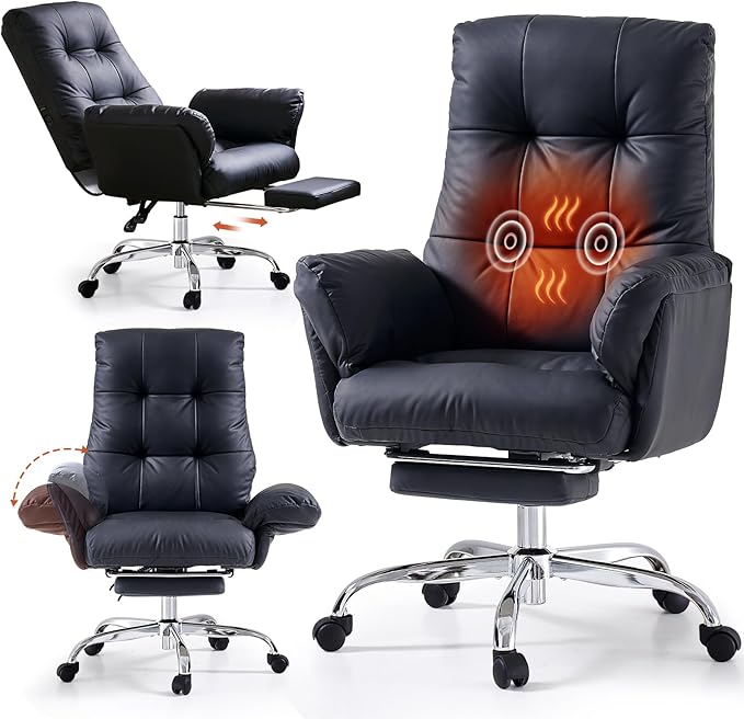 EMIAH Heated and Massage Office Chair with Foot Rest Criss Cross Chair with Wheels and Flip-up Arms Reclining Desk Chair Comfy Wide Seat PU Leather Rolling Computer Home Office Chair (Black)