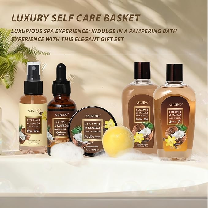 19-Piece Bath and Body Gift Basket Set for Women - Coconut Vanilla Gift, Spa Gift Basket, Face Skin Care Set, Bath Gift Set Self Care Gift for Mothers Day, Fathers Day, Birthday, Christmas, Valentines