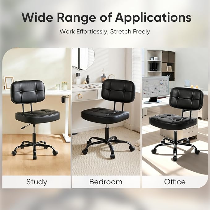 DUMOS Home Office Desk Chair - Ergonomic Armless PU Leather Computer Rolling Task Chair，with Comfy Lumbar Support and Height Adjustable, Vanity, Bedroom, Black