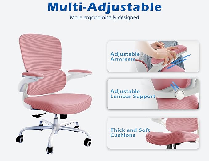TRALT Ergonomic Office Chair - Desk Chair with Adjustable Lumbar Support Computer Chair - Mesh Comfy Chair with Flip-up Armrests - Gaming Chairs for Adults Home Office (Leather, Pink)