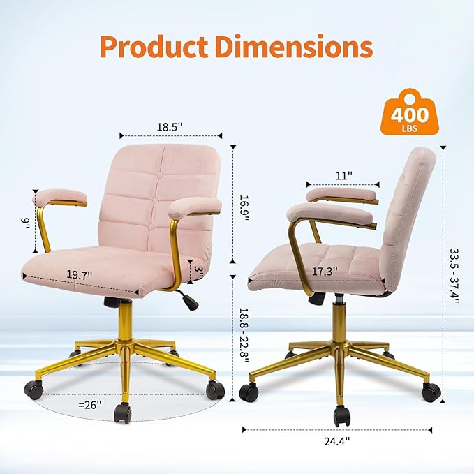CLATINA Velvet Office Desk Chair with Armrests and Wheels, Modern Upholstered Vanity Chairs with Gold Base, Height Adjustabe Swivel Home Task Chair for Bedroom, Study, Living Room, Work, Pink