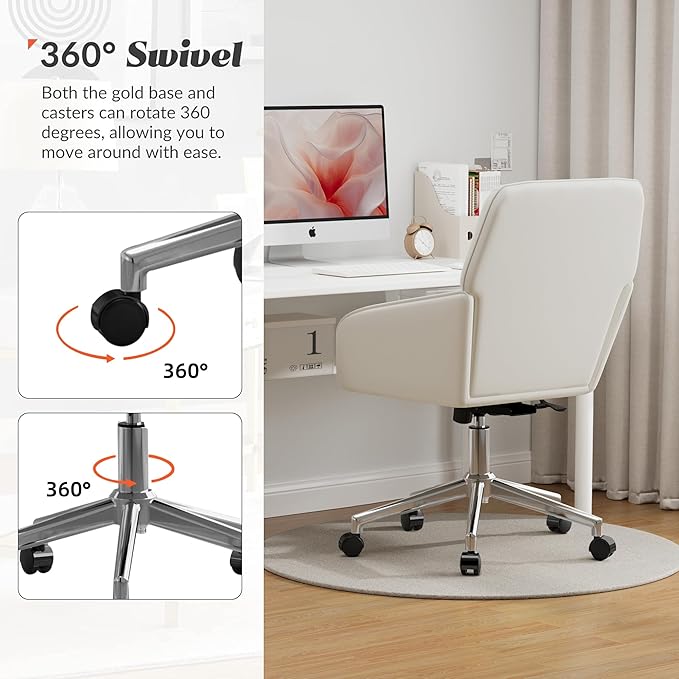 YISHENG Velvet Office Desk Chair with Silver Base, with Wheels,Modern Height Adjustable 360 Degree Swivel Upholstered Vanity Chairs with Arms for Living Room Bedroom,Cream