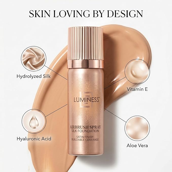 LUMINESS Silk Airbrush Spray Foundation 2-PC Kit - Foundation & Dual-Sided Angled Makeup Brush - Buildable Coverage, Anti-Aging Formula, Humidity Resistant, Hydrates & Moisturizes, Light Medium