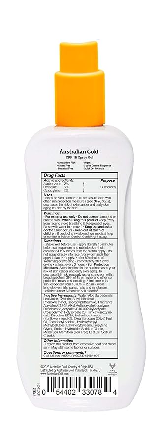 Australian Gold Spray Gel Sunscreen, Hydrate Skin, Broad Spectrum, Water Resistant, Non-Greasy, Oxybenzone Free, Cruelty Free, SPF 15, Moisturize-Max New Coconut, 8 Fl Oz (A70889)