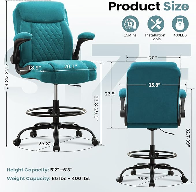 Drafting Chair for Standing Desk – Tall Office Chair with Adjustable Height & Foot Ring, Flip-Up Arms, Lumbar Support – Comfortable Fabric Seat, Ideal Home Desk Chair