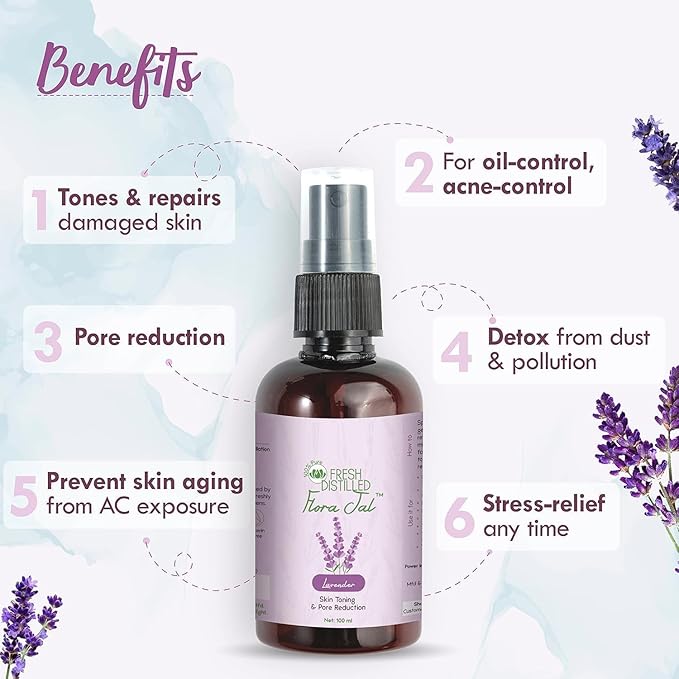 VK Pure Lavender Jal - Lavender Water - Toner, Face-Mist, Astringent & Face Spray- Ayurvedic Steam-Distilled for Oil-Control, Acne-Control, Skin Hydration (Pack of 1, 100 ml)