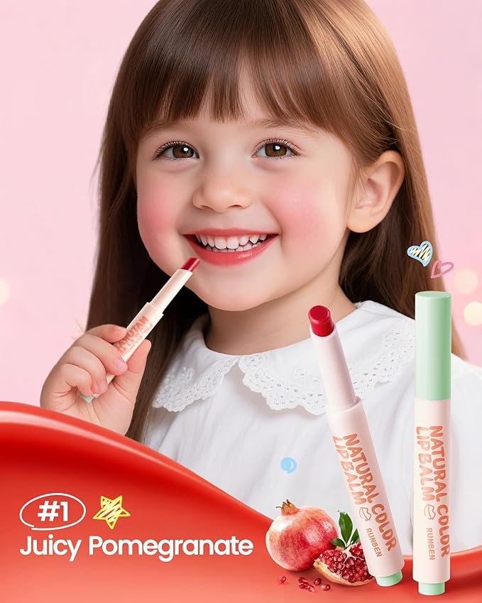 RUNBEN Kids Tinted Lip Balm, Juicy Pomegranate Lipstick, 24H Moisturizing, Safe & Non-toxic Lip Gloss for Kids & Teen, Christmas Makeup Gift for Girls