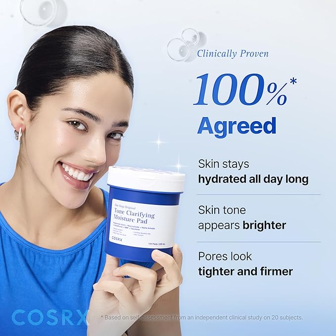 COSRX OneStep Original Tone Clarifying Moisture Pad, 100 Pads, Daily Toning Pad for Skin Texture & Hydration & Evening Skin Tone with Arbutin, Glutathione & 12 Hyaluronic Acids, Korean Skin Care