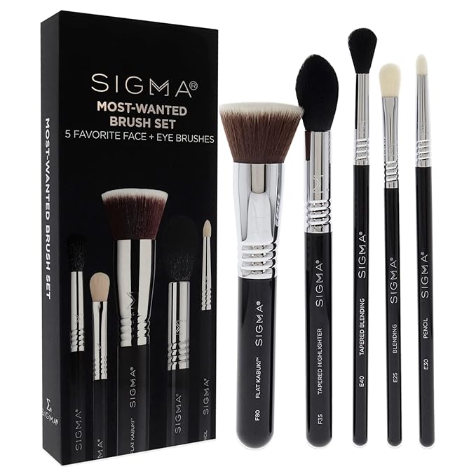 Sigma Beauty Most-Wanted Brush Set — Set of 5 Favorite Makeup Brushes for Foundation, Highlighter, Eyeshadow, Pencil Liner, and Blending (5 pcs)