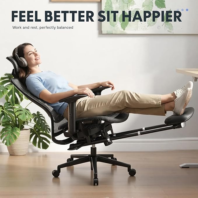 FLEXISPOT OC3 Air Ergonomic Office Chair with Footrest, High Back Computer Chair with Adjustable Lumbar Support/3D Headrest, Desk Chairs for Home Office Gaming Working, Black,Mesh Seat,Air-F