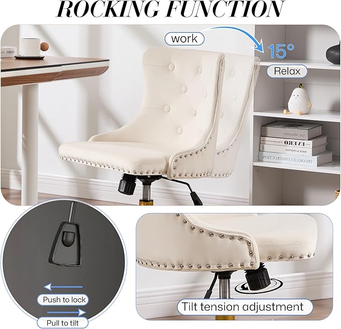 Velvet Armless Home Office Desk Chair, Swivel Height-Adjustable Small Cute Vanity Chair for Women/Girls, Comfy Makeup Chair with Rivet and Gold Base for Living Room, Bedroom(Beige)