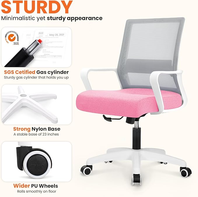 NEO Chair Office Chair Gaming Desk Computer Chair Ergonomic Mesh Mid Back with Wheels Lumbar Support Comfy Swivel Adjustable for Home (Pink)