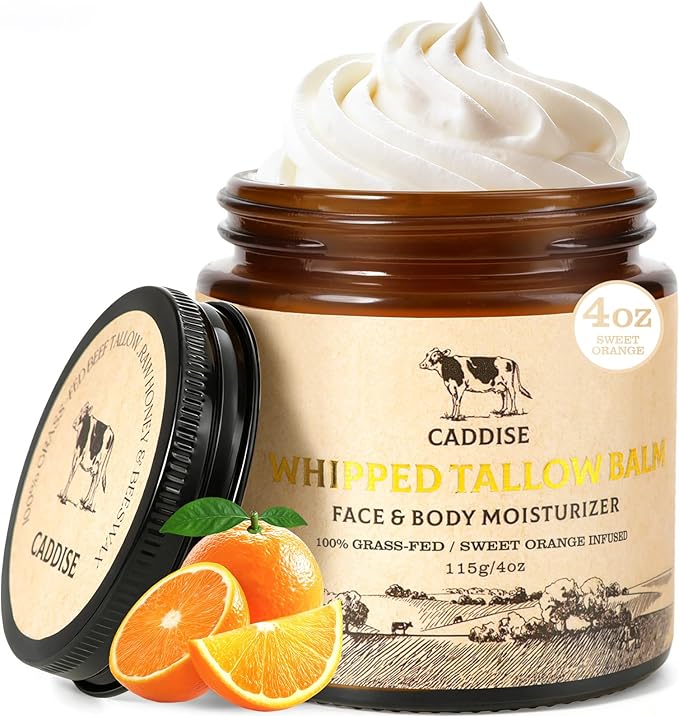 Whipped Beef Tallow for Skin–100% Grass-Fed Handmade Cream Moisturizer for Face & Body, Natural with Honey, Shea Butter, Jojoba Oil, Non-Greasy, Nourishing for Men, Women, Kids, 4 Oz (Sweet Orange)