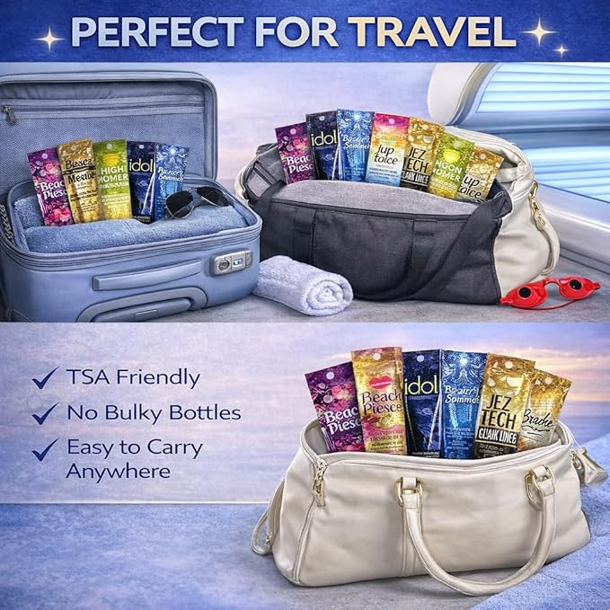 10 Pack of Tanning Bed Lotion Packets + Eyewear, The Tan Box is a Random Selection, Best Indoor UV or Outdoor Sun Cream, Dark Accelerator with Goggles (0.5 oz each)