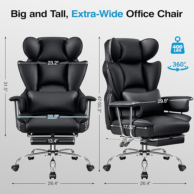 Big and Tall Ergonomic Office Chair with Footrest, High Back Executive Leather Office Chair, Reclining Computer Desk Chair, Comfy Heavy Duty Home Gaming Chair with Padded Arm, Black-4 Pack