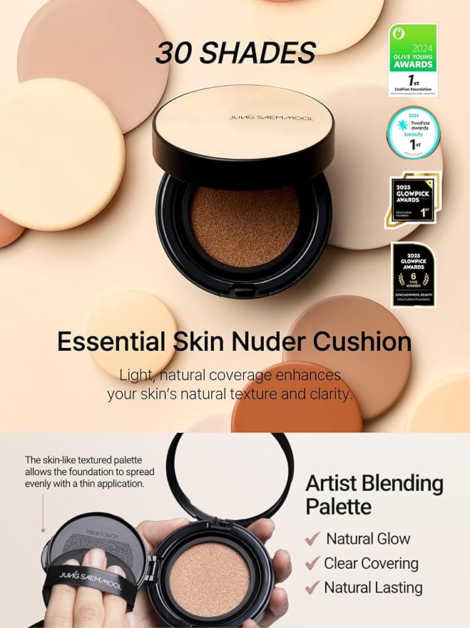 JUNG SAEM MOOL Essential Skin Nuder Cushion | Natural Finish, Buildable Coverage Cushion Foundation by Korean Makeup Artist (Refill Not Included, 0.49 Fl Oz), 25N Bronze
