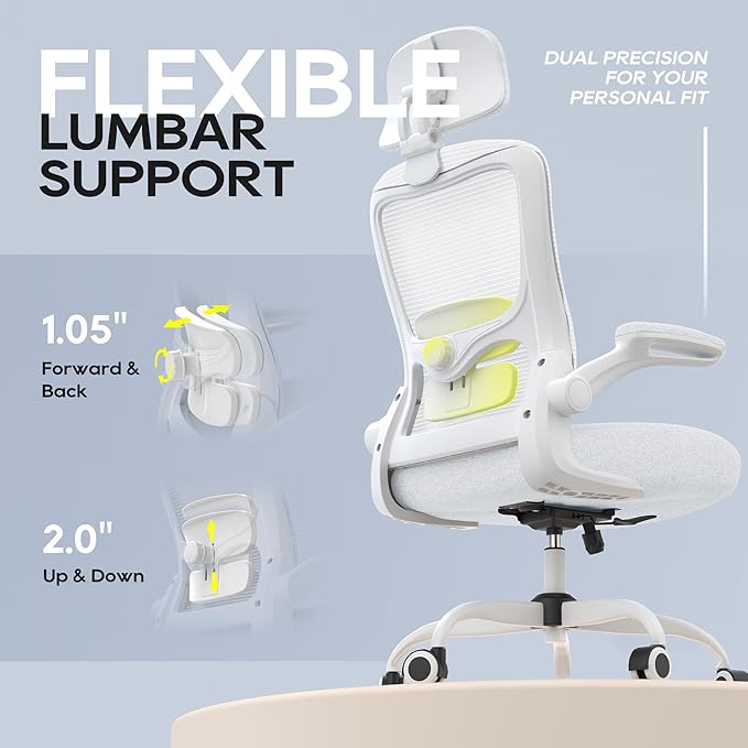 Ergonomic Office Chair, High Back Mesh Desk Chair with Adjustable Lumbar Support & Headrest, Flip-up Armrest, Computer Task Chairs for Home and Executive Office (W-White)