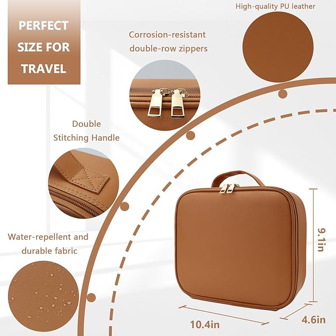 Makeup Bag with Led Mirror,Large Vanity Makeup Cases with 3 Color Setting,Portable Storage and Adjustable Dividers,for Women and Makeup Artists Cosmetic Organizer Travel Makeup Bag-Caramel