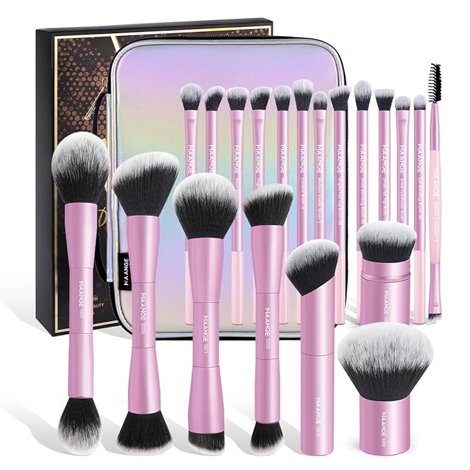MAANGE 20 PCS Makeup Brush Set with Bag, Double-ended Kabuki Brush Foundation Contour Brush for Liquid Powder Concealer Eye Shadows Cream Cosmetics Blending Blush Face Makeup Tools with Case (Pink)