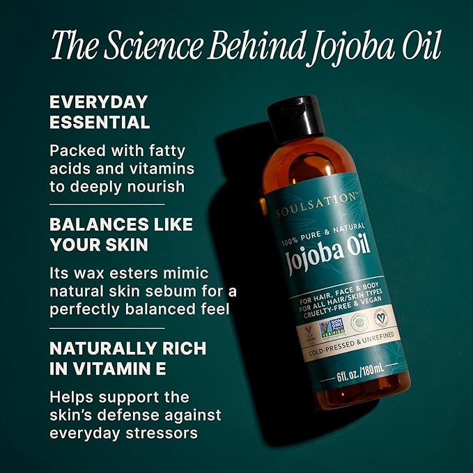 Pure Jojoba Oil for Skin, Hair, Face & Body – 100% Natural, Cold Pressed, Unrefined | Non-GMO, EWG Verified, Cruelty-Free, Vegan Moisturizing Oil for Dry Skin, Scalp & Beard 6oz