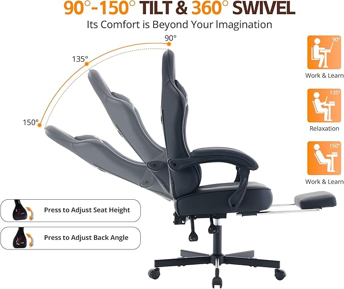 Office Chair Breathable Leather with Pocket Spring Cushion, Wide and High Ergonomic Computer Gaming Chair with Headrest and Footrest for Adult, Black