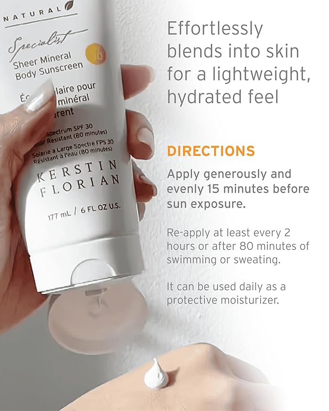 Kerstin Florian Sheer Mineral Body Sunscreen SPF 30 | Waterproof UVA/UVB Sun Protection with Natural Zinc Oxide | Reef Safe Fragrance Free Formula for Sensitive Skin to Moisturize & Protect | 6 fl oz