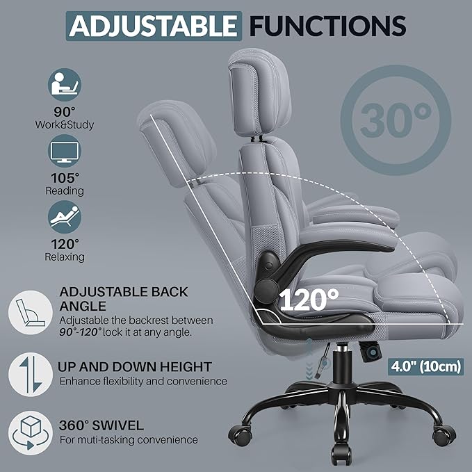 Office Chair, Ergonomic Big and Tall Computer Desk Chair with Retractable Adjustable Headrest, Executive Breathable Leather Chair, Lumbar Support Swivel PC Chair with Flip-up Armrests Rocking Function