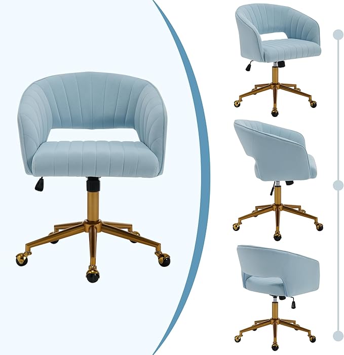 Westice Home Office Desk Chairs, Modern Velvet Rolling Chair, Height Adjustable Swivel Vanity Chair with Golden Base, Ergonomic Chair for Study, Living Room Computer Room, Light Blue