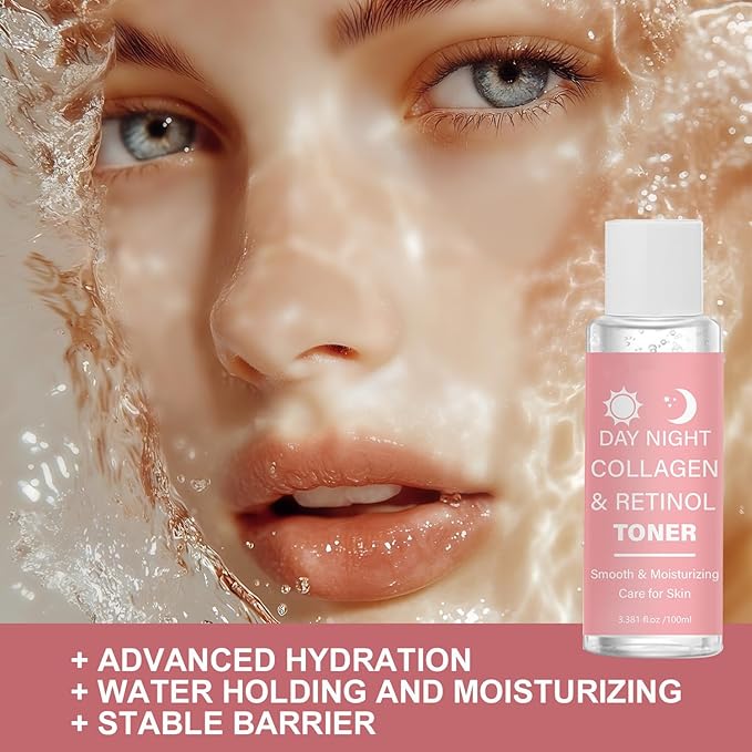 Day Night Collagen & Retinol Toner for Face – Hydrating Facial Toner with Hyaluronic Acid – Smooth Moisturizing Toner for Women – Firming and Nourishing Skin Care – Daily Water Holding Essence 100ml