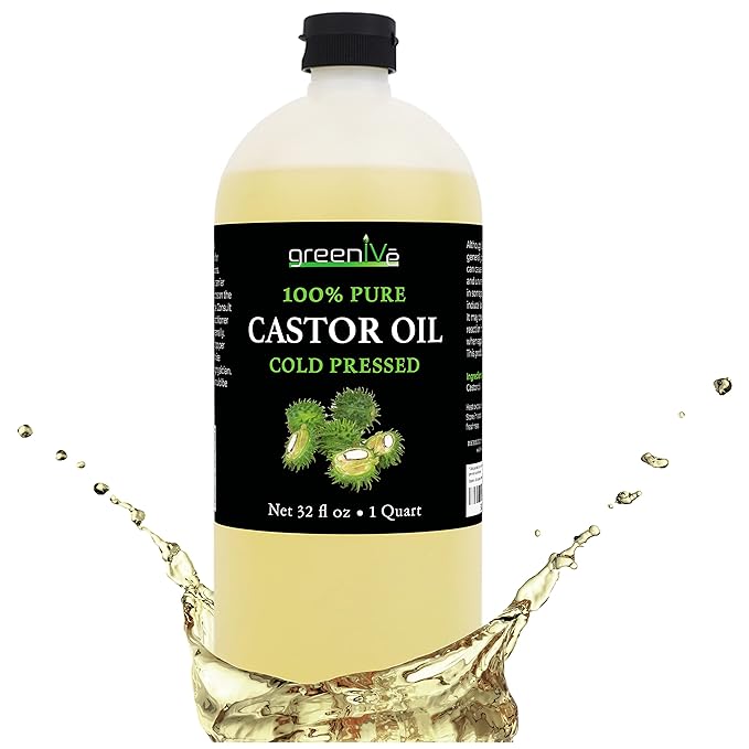 GreenIVe 100% Pure Castor Oil – Cold-Pressed, Hexane-Free – Hair, Eyebrows, Eyelashes, Skin Moisturizer, Castor Pack Wrap Oil Bulk Bottle (32 Fl oz)